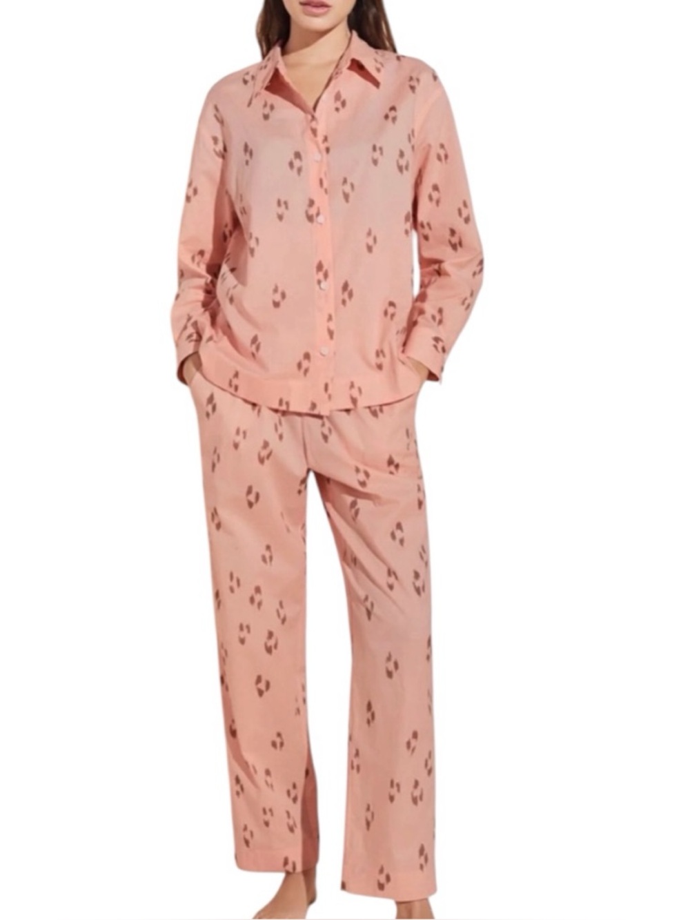 Eberjey The Long‎ PJ Set Organic Cotton Sandwashed Animal Spot Rose Cloud  Large